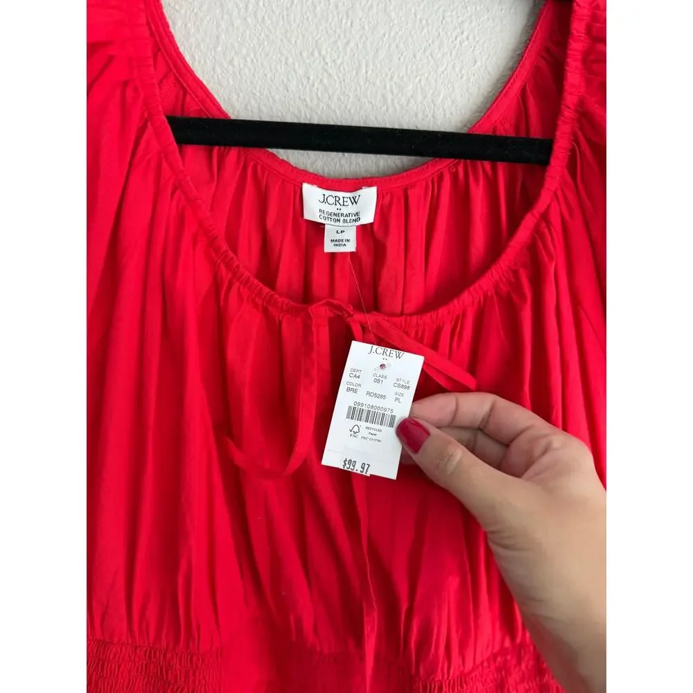 NWT J. Crew Sz LP Smocked Waist Midi Dress Bright Red Peasant Puff Sleeve Cotton